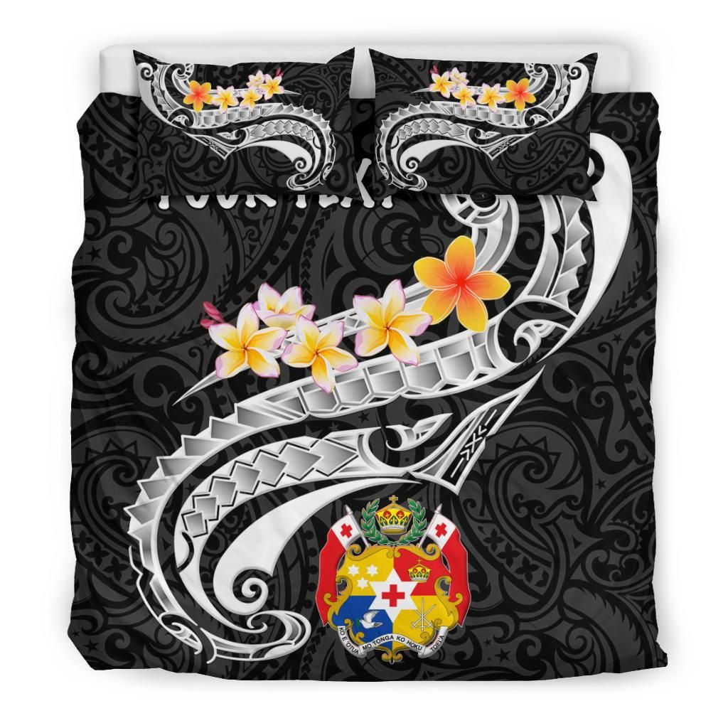 Tonga Custom Personalised Bedding Set - Tonga Seal Polynesian Patterns Plumeria (Black)