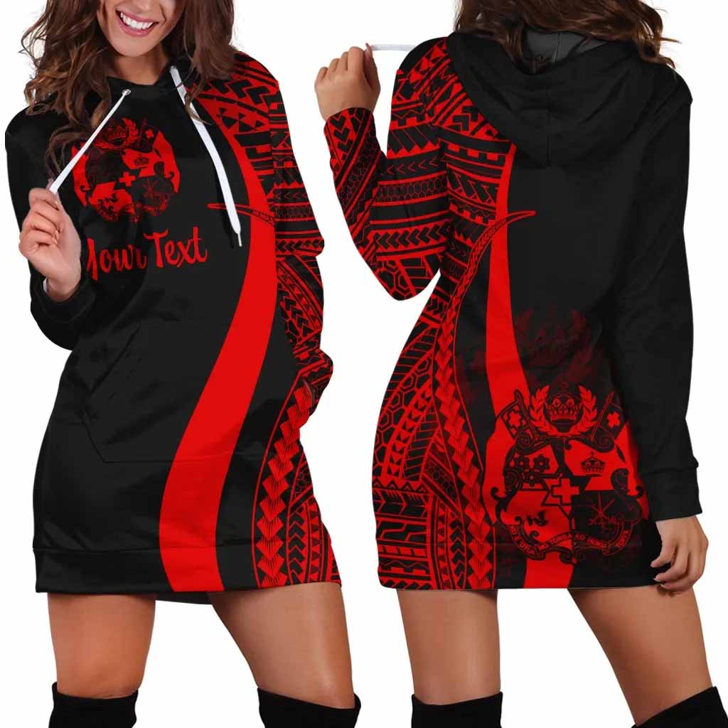 Tonga Custom Personalised Hoodie Dress - Red Polynesian Tentacle Pattern