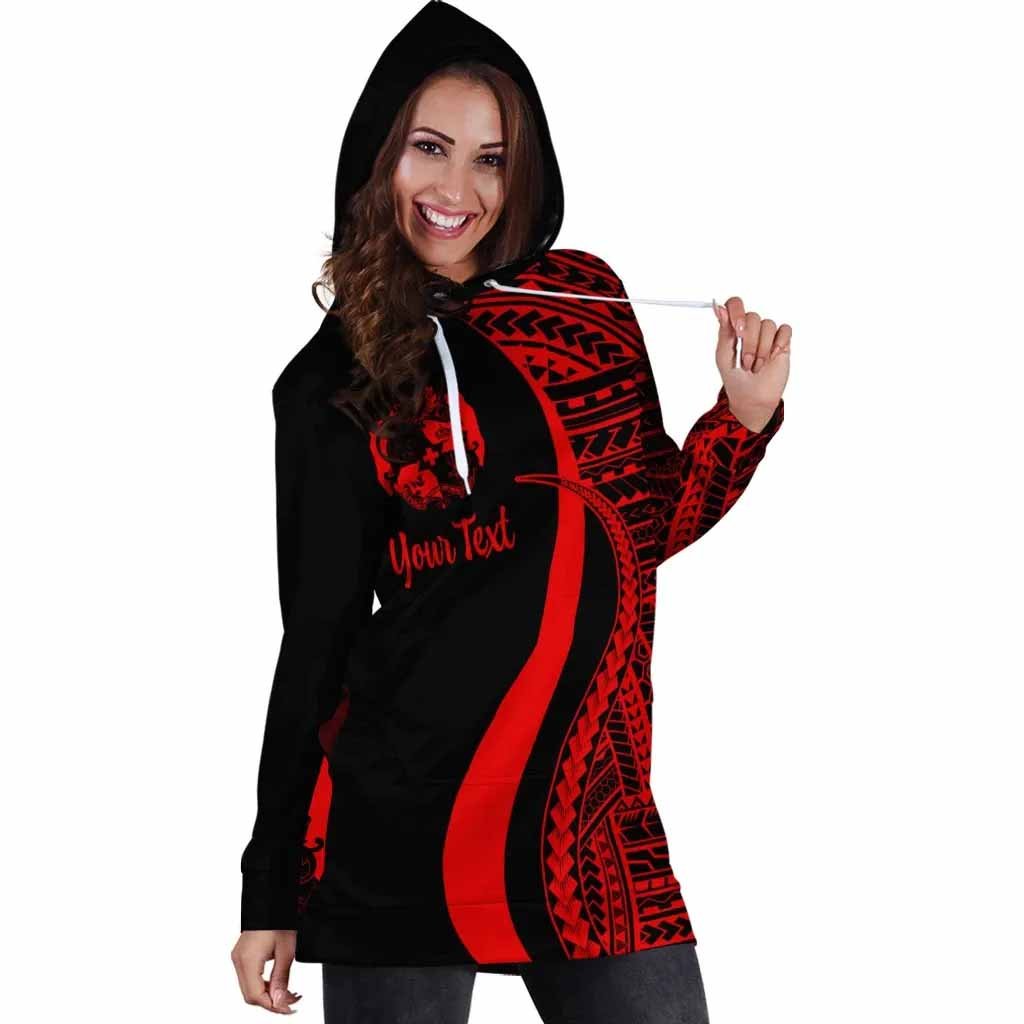 Tonga Custom Personalised Hoodie Dress - Red Polynesian Tentacle Pattern