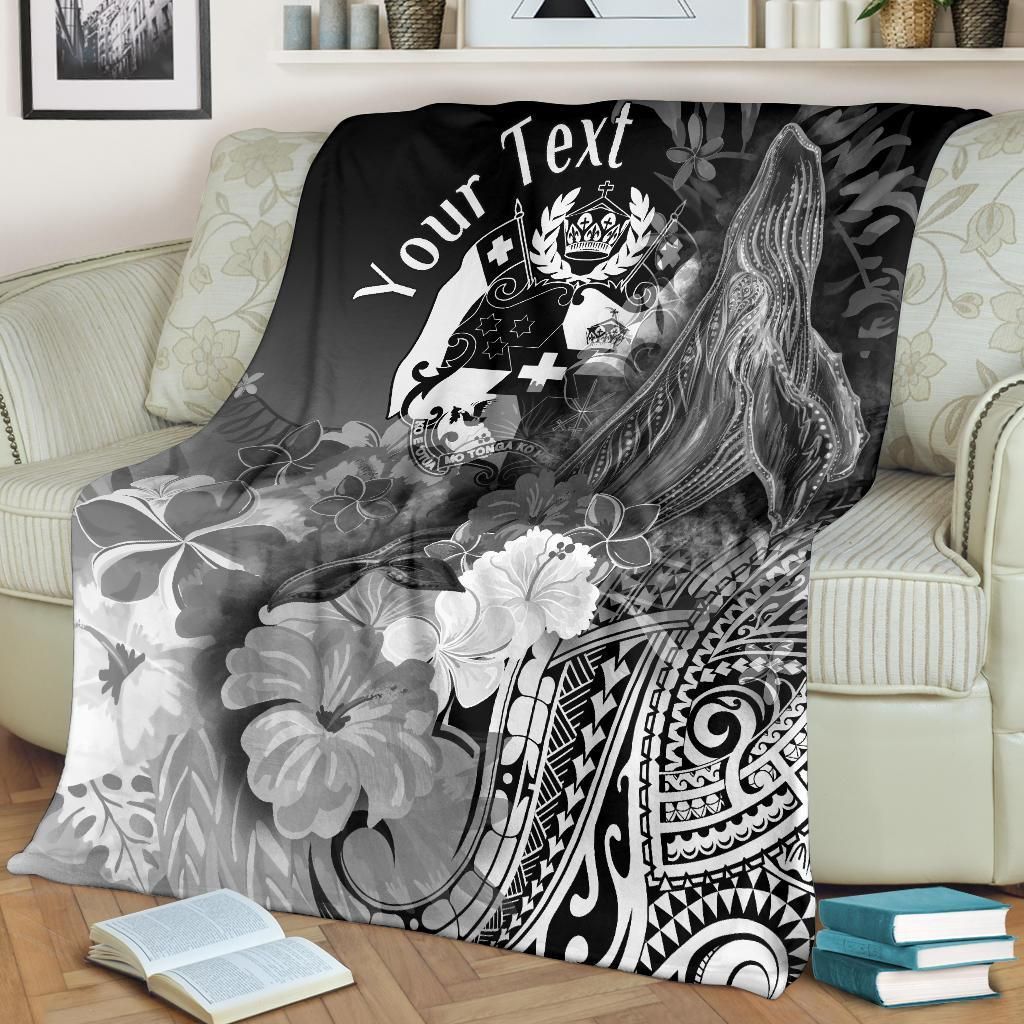 Tonga Custom Personalised Premium Blanket - Humpback Whale with Tropical Flowers (White)