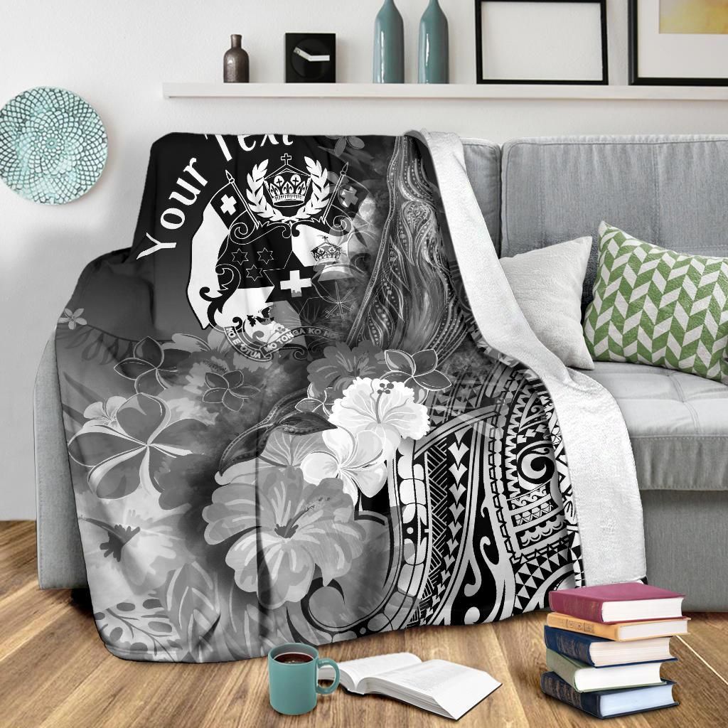 Tonga Custom Personalised Premium Blanket - Humpback Whale with Tropical Flowers (White)