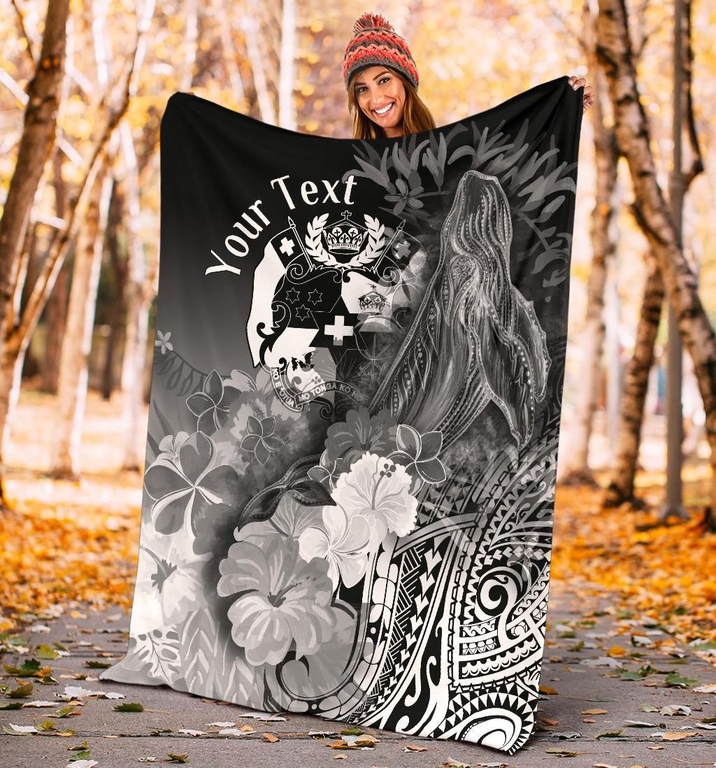 Tonga Custom Personalised Premium Blanket - Humpback Whale with Tropical Flowers (White)