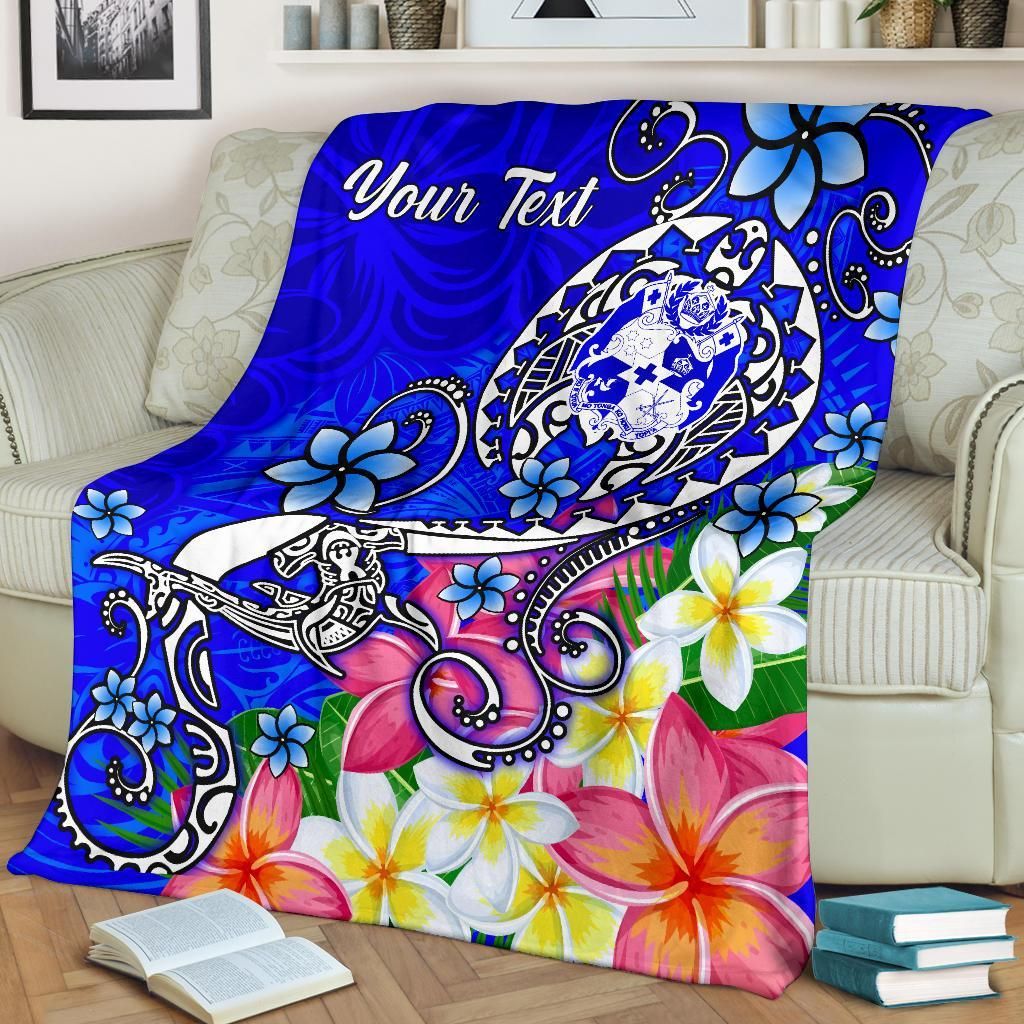 Tonga Custom Personalised  Premium Blanket - Turtle Plumeria (Blue)