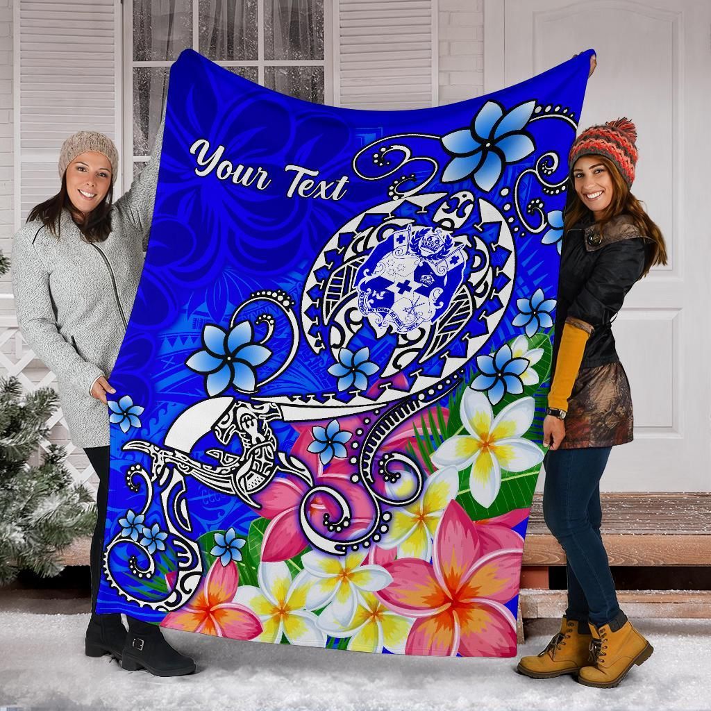 Tonga Custom Personalised  Premium Blanket - Turtle Plumeria (Blue)