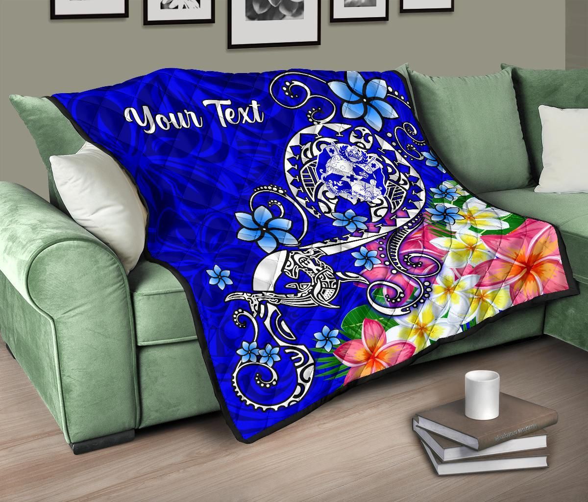Tonga Custom Personalised Premium Quilt - Turtle Plumeria (Blue)