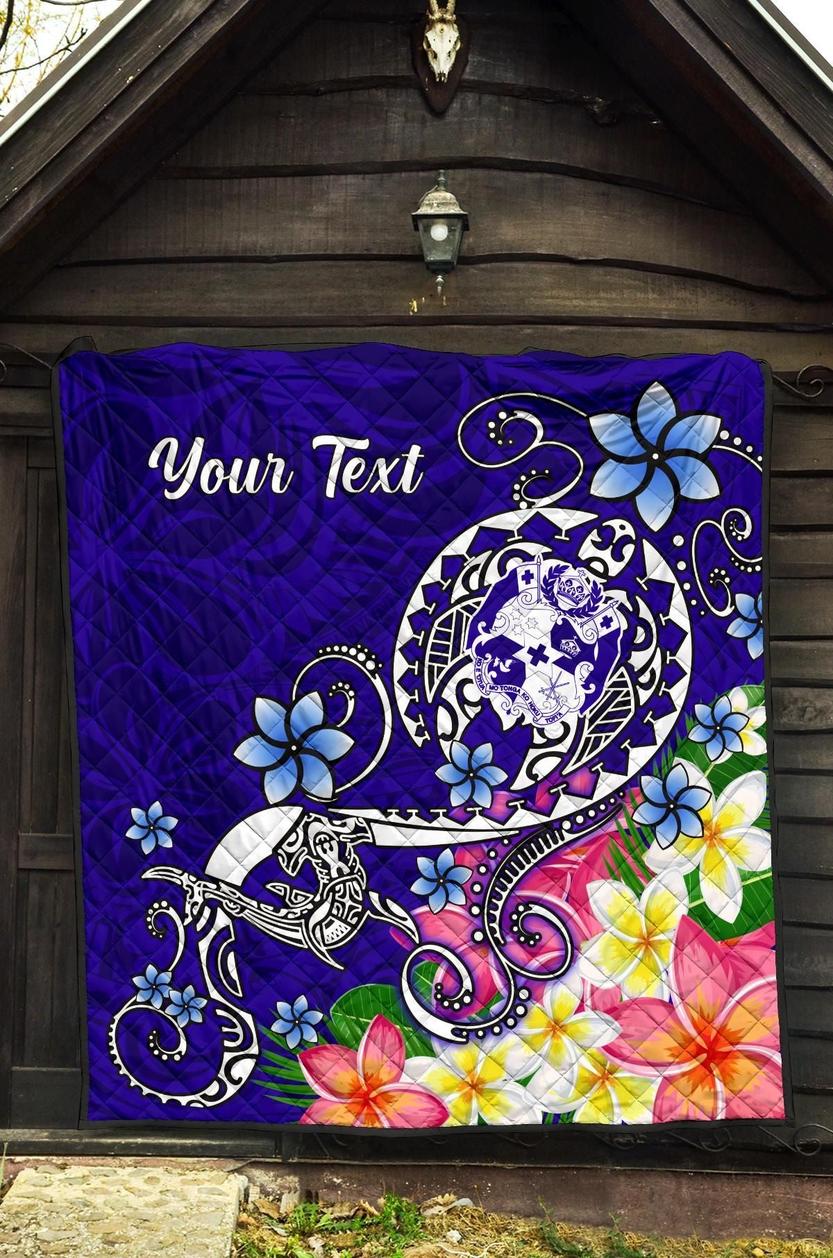 Tonga Custom Personalised Premium Quilt - Turtle Plumeria (Blue)