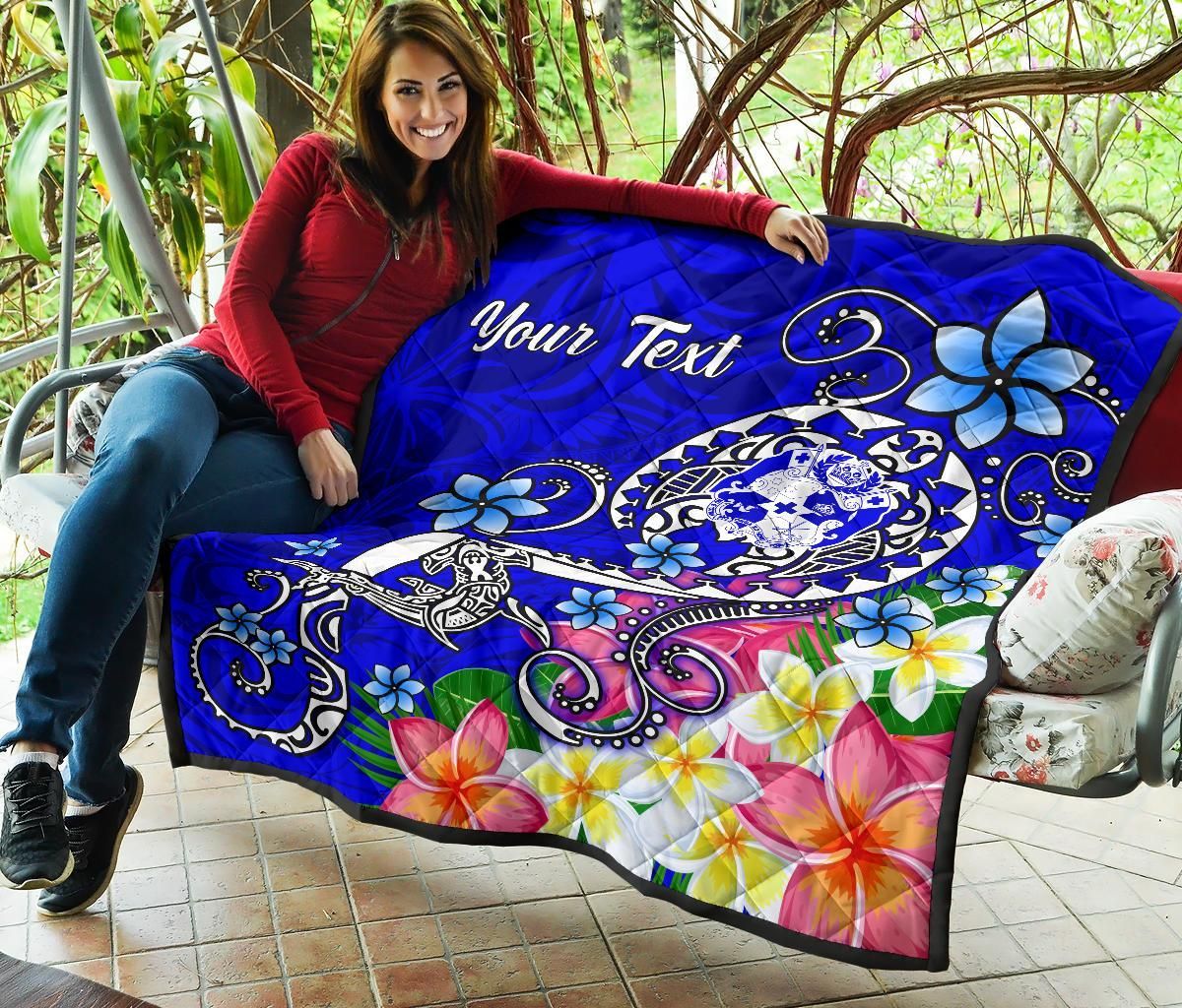 Tonga Custom Personalised Premium Quilt - Turtle Plumeria (Blue)