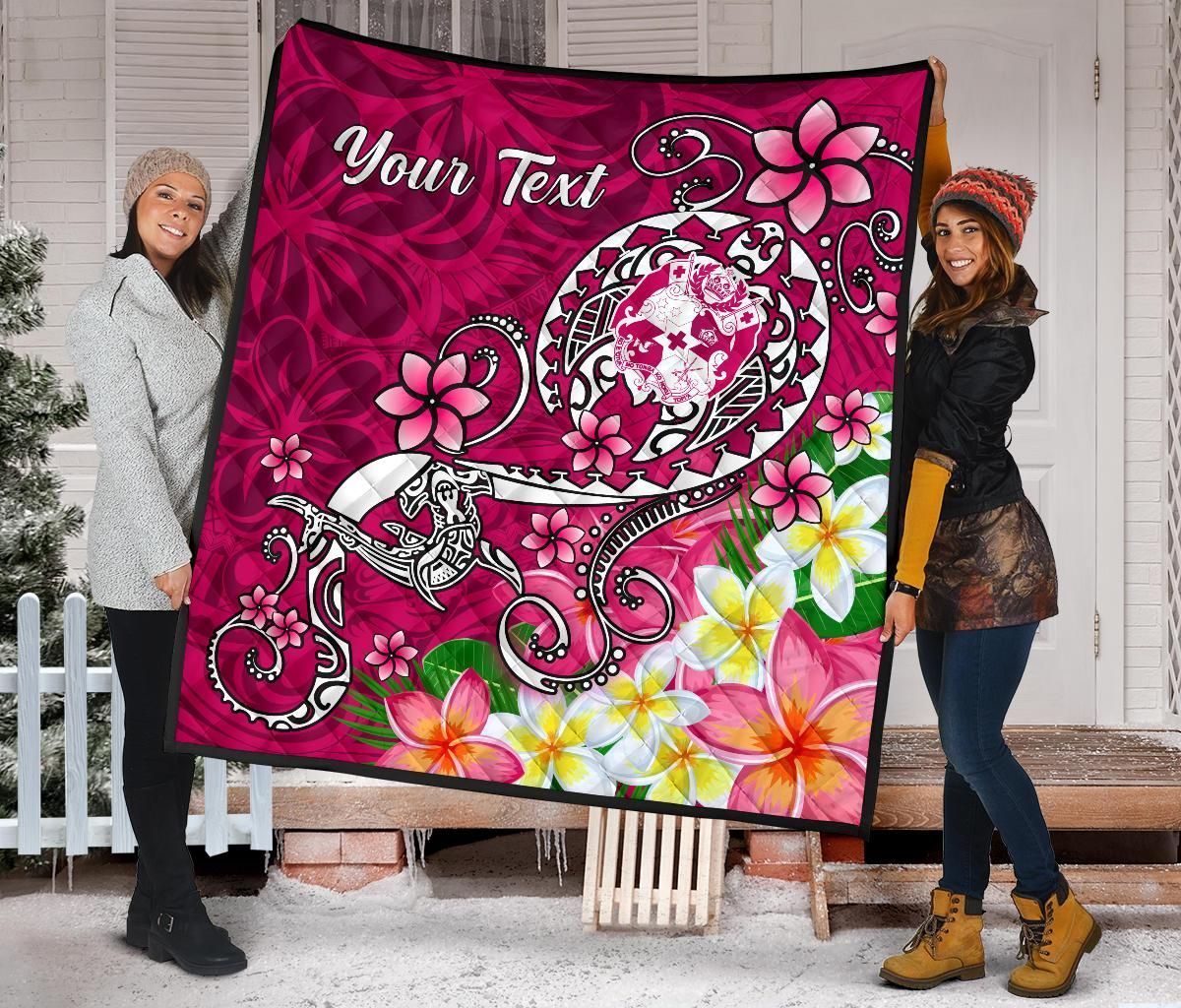 Tonga Custom Personalised Premium Quilt - Turtle Plumeria (Pink)