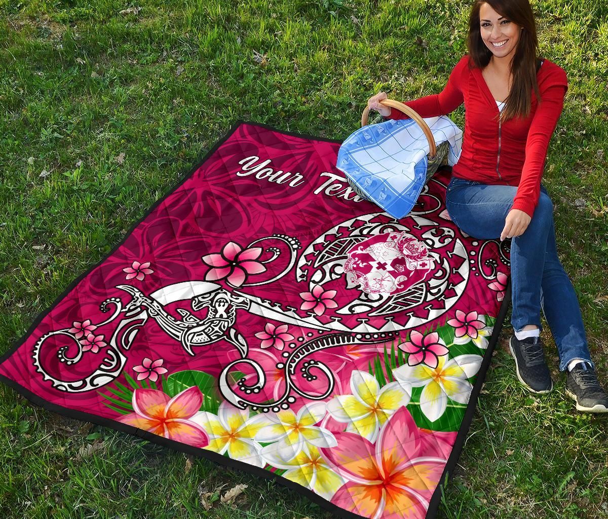 Tonga Custom Personalised Premium Quilt - Turtle Plumeria (Pink)