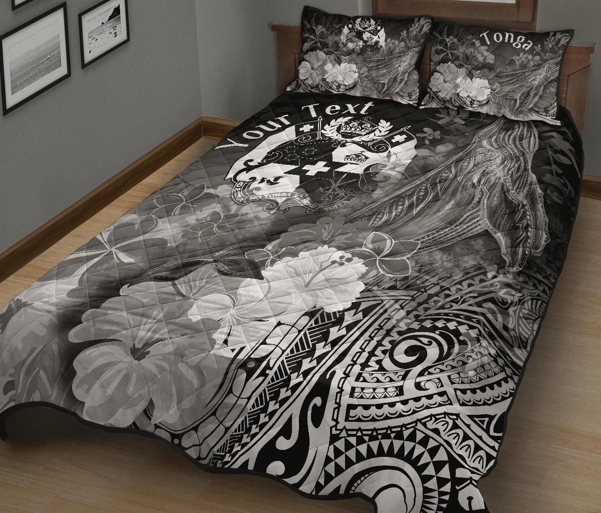 Tonga Custom Personalised Quilt Bed Set - Humpback Whale with Tropical Flowers (White)