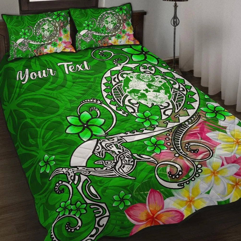 Tonga Custom Personalised Quilt Bed Set - Turtle Plumeria (Green)