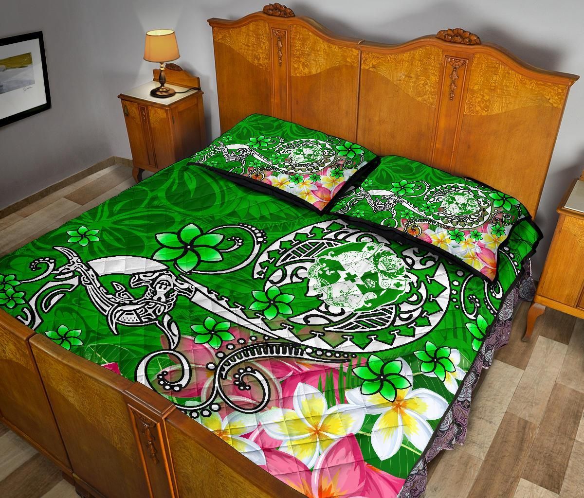 Tonga Custom Personalised Quilt Bed Set - Turtle Plumeria (Green)
