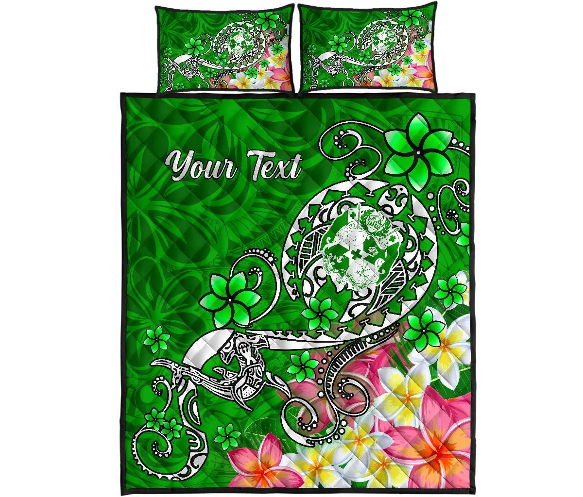 Tonga Custom Personalised Quilt Bed Set - Turtle Plumeria (Green)