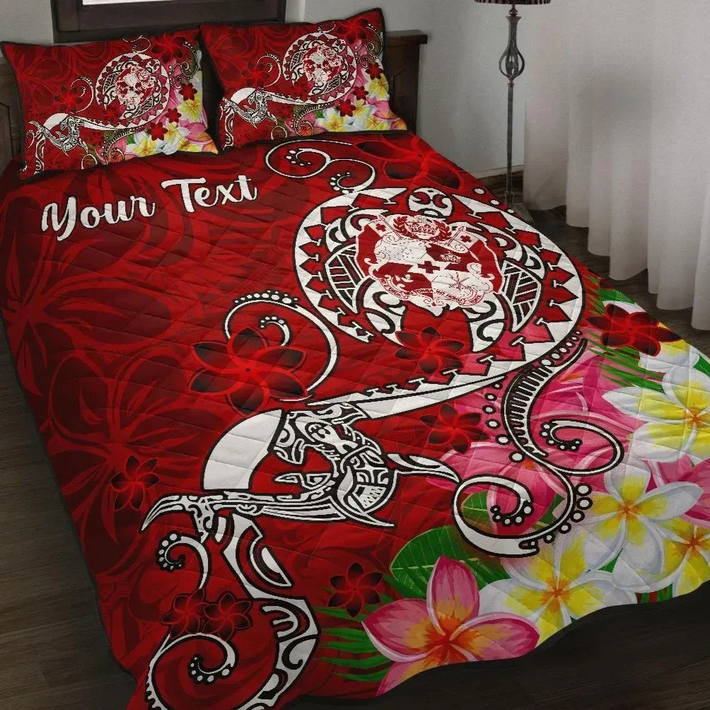 Tonga Custom Personalised Quilt Bed Set - Turtle Plumeria (Red)