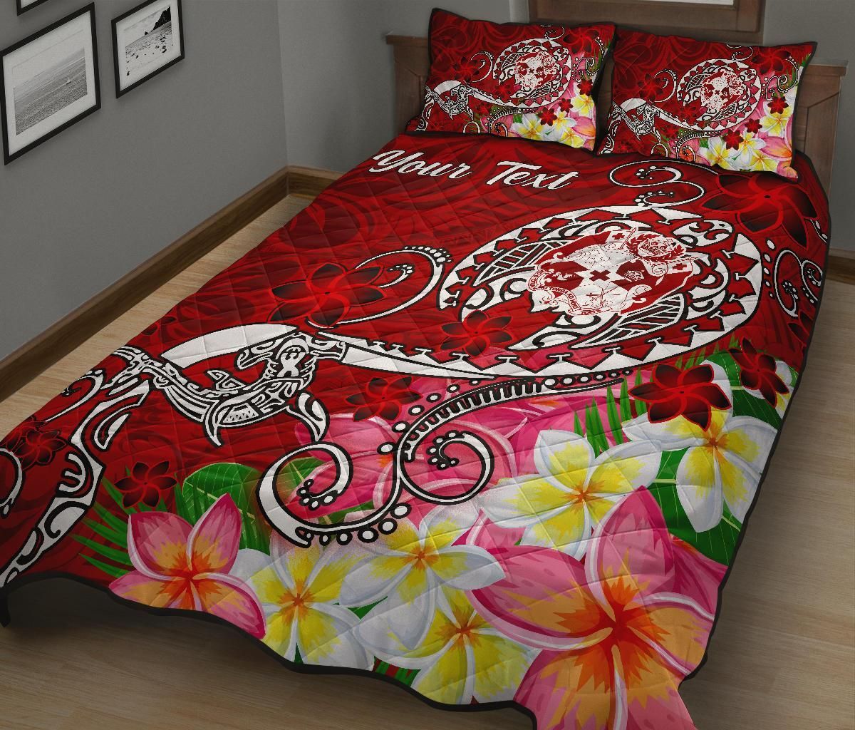 Tonga Custom Personalised Quilt Bed Set - Turtle Plumeria (Red)