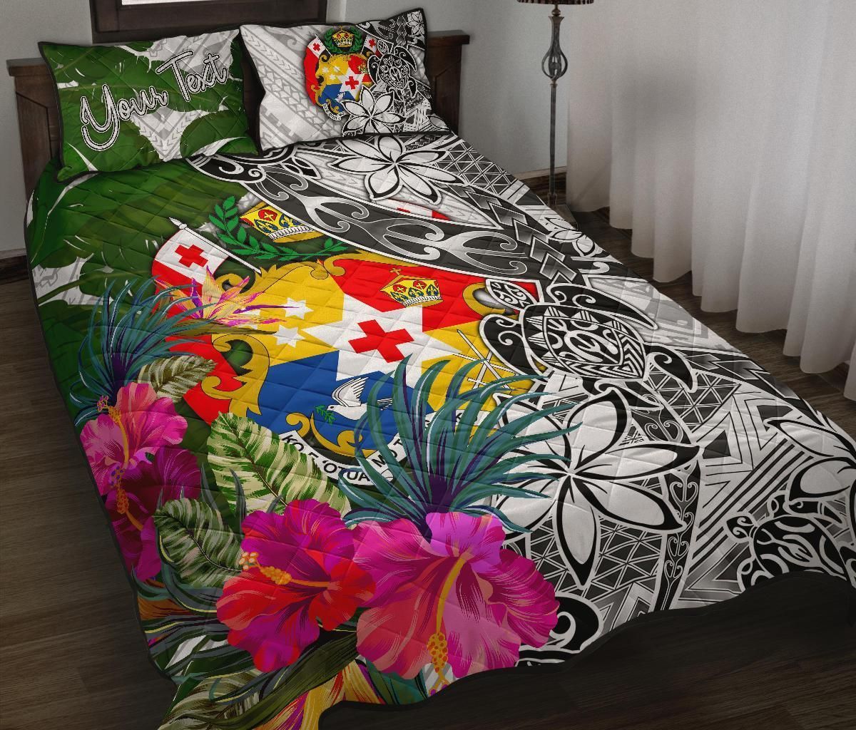 Tonga Custom Personalised Quilt Bed Set White - Turtle Plumeria Banana Leaf