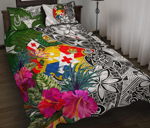 Tonga Custom Personalised Quilt Bed Set White - Turtle Plumeria Banana Leaf