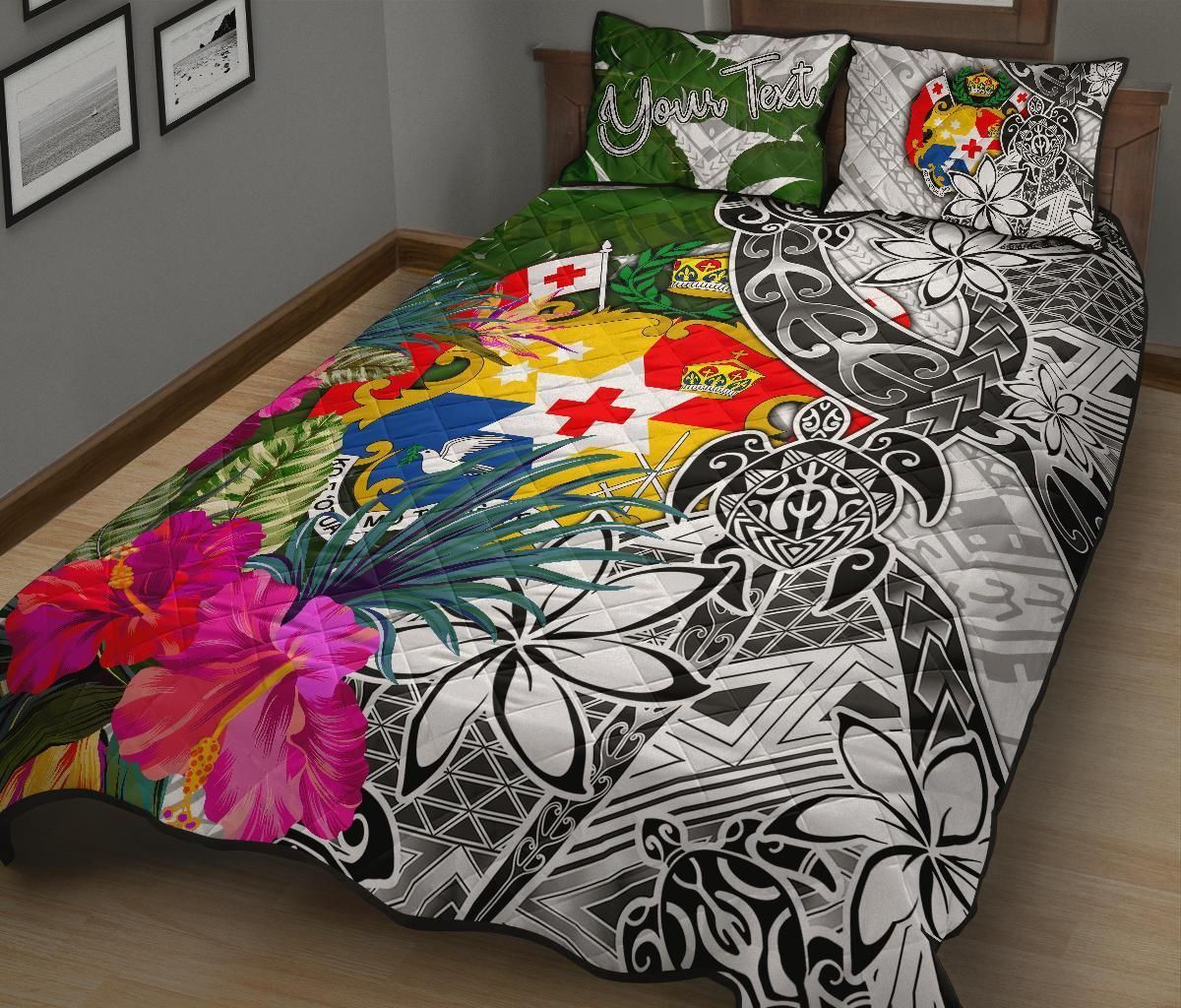 Tonga Custom Personalised Quilt Bed Set White - Turtle Plumeria Banana Leaf