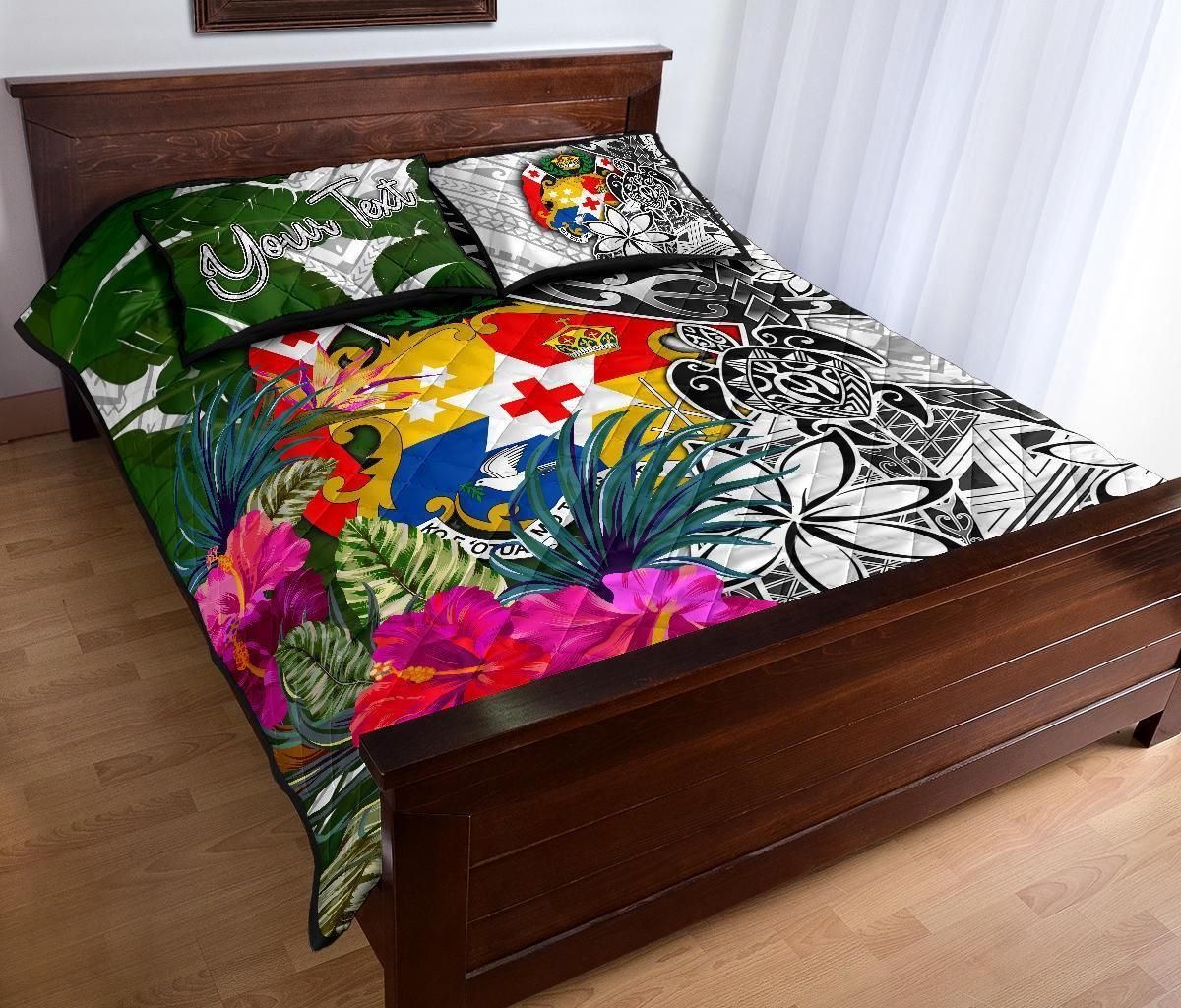Tonga Custom Personalised Quilt Bed Set White - Turtle Plumeria Banana Leaf