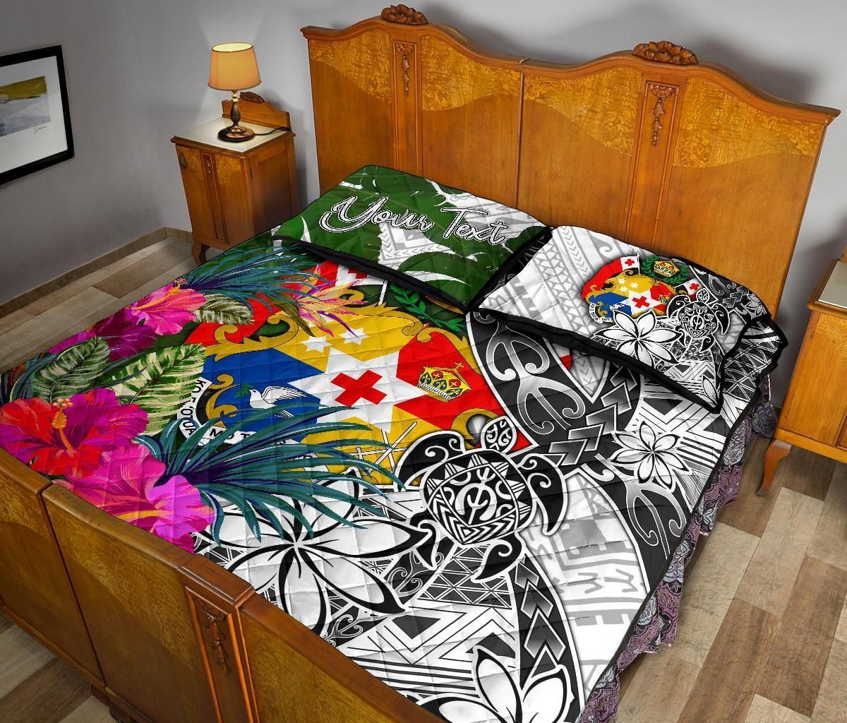 Tonga Custom Personalised Quilt Bed Set White - Turtle Plumeria Banana Leaf