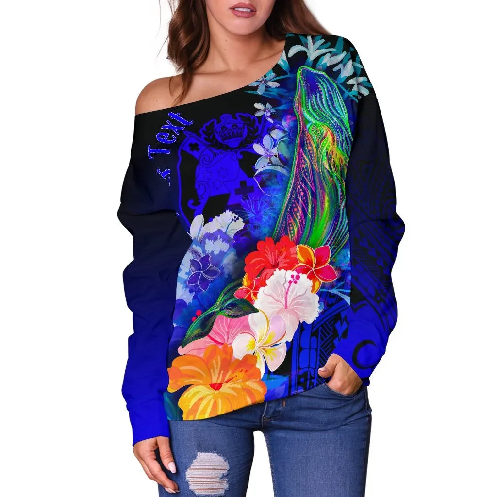 Tonga Custom Personalised Women Off Shoulder Sweater - Humpback Whale with Tropical Flowers (Blue)