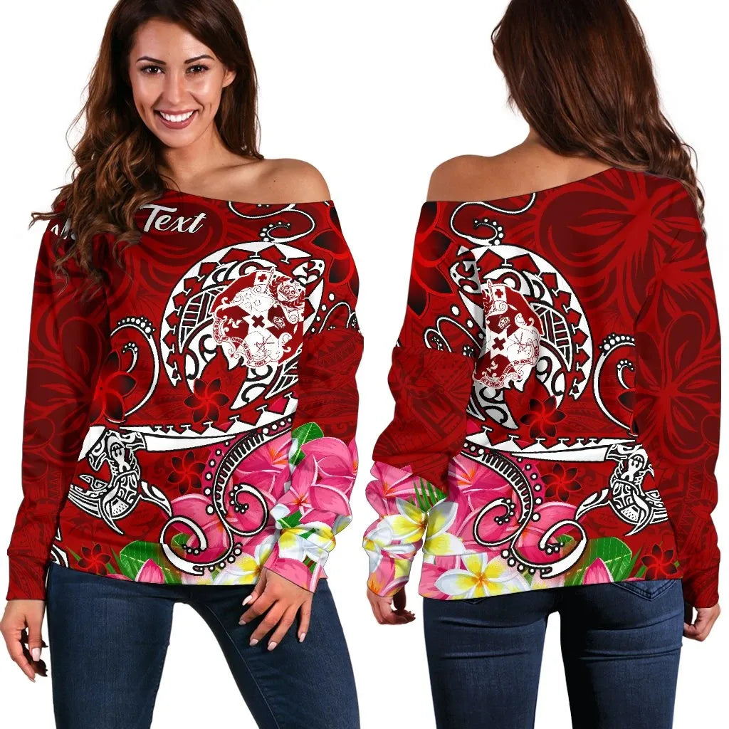 Tonga Custom Personalised Women Off Shoulder Sweater - Turtle Plumeria (Red)