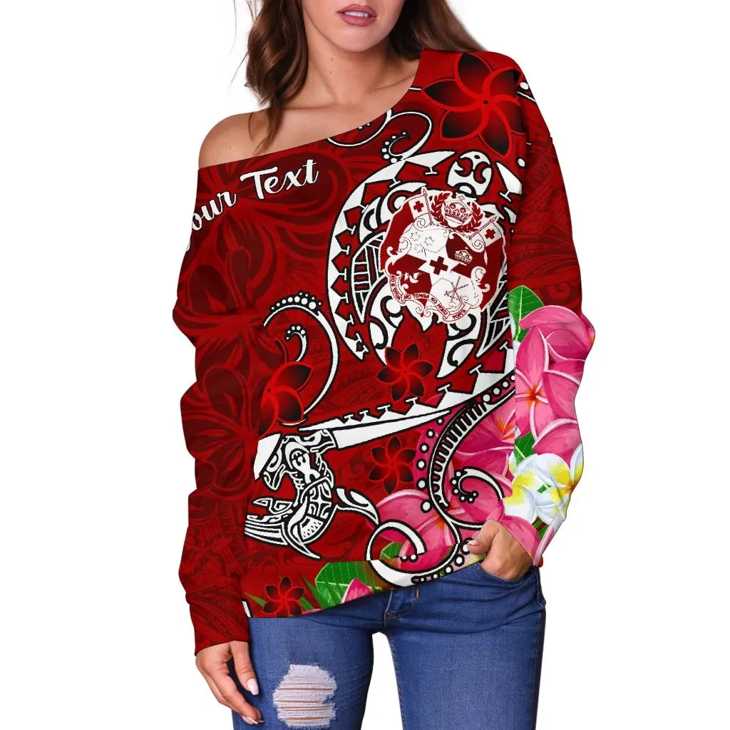 Tonga Custom Personalised Women Off Shoulder Sweater - Turtle Plumeria (Red)