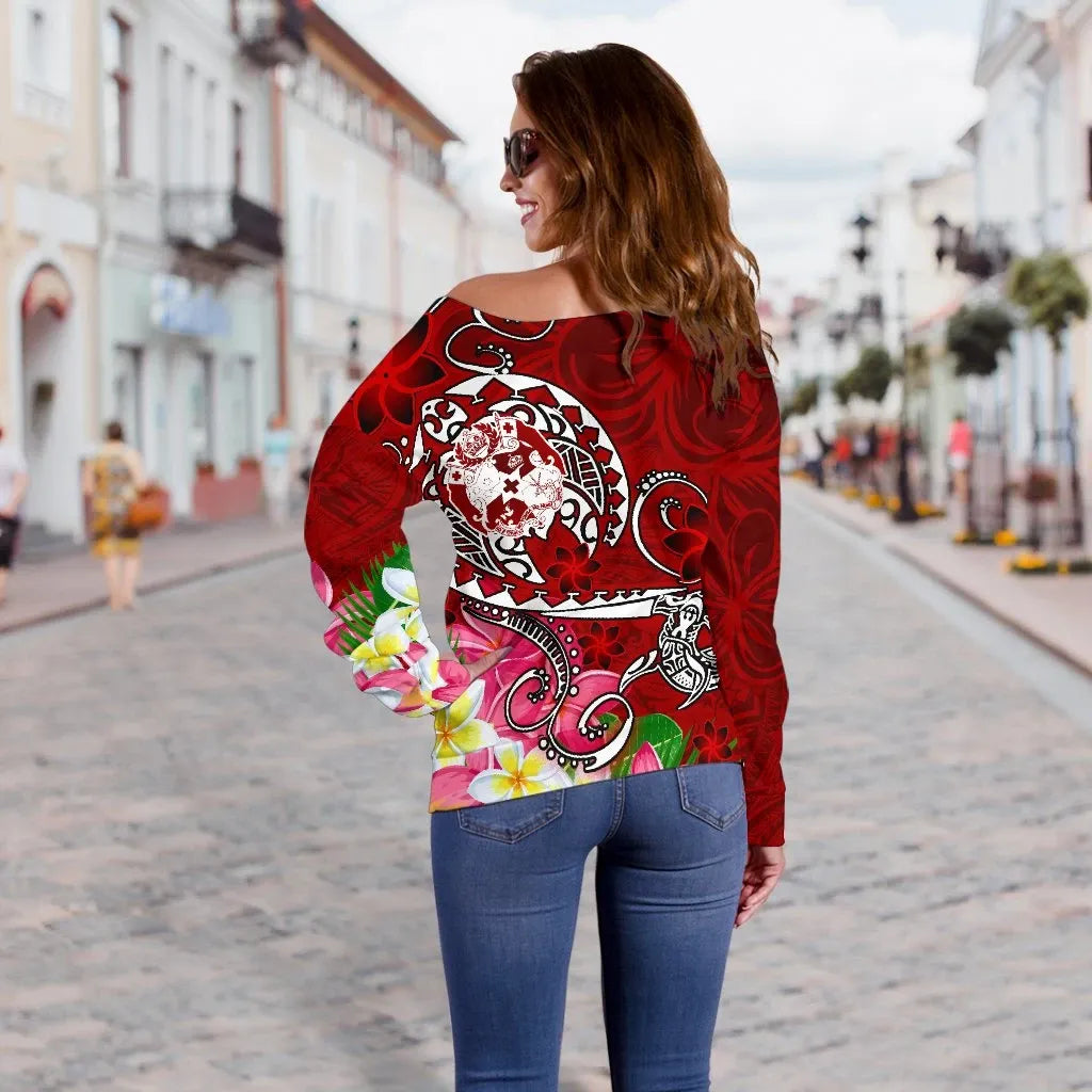 Tonga Custom Personalised Women Off Shoulder Sweater - Turtle Plumeria (Red)