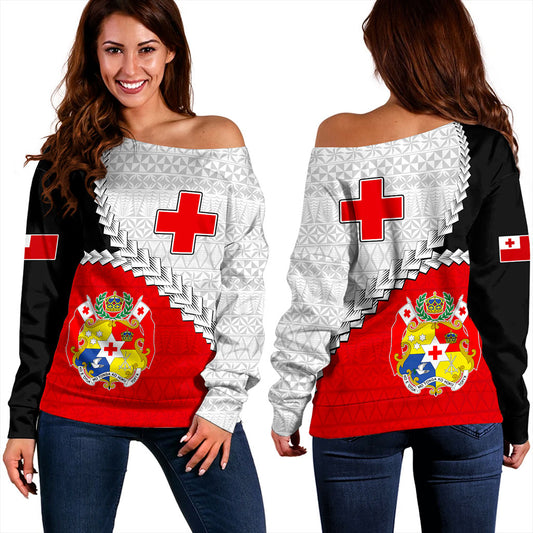 Tonga Off Shoulder Sweatshirt Design Flag With Ngatu Pattern