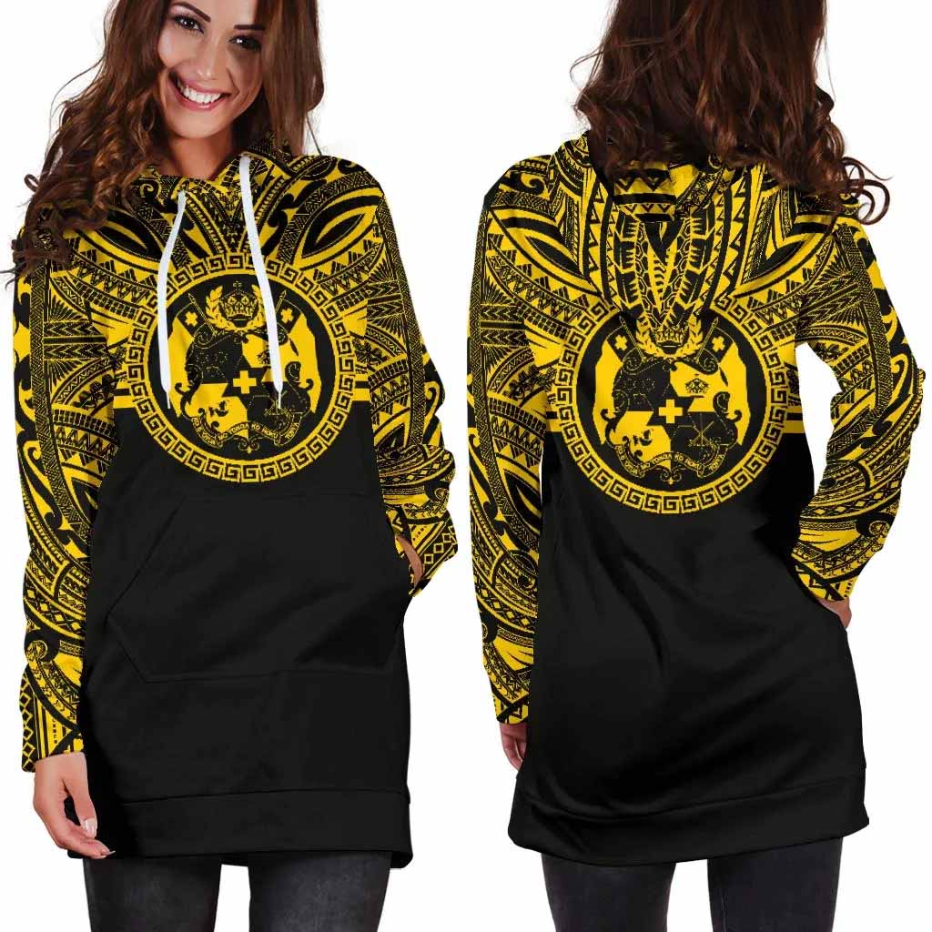 Tonga Female Hoodie Dress - Tonga Coat Of Arms Polynesian Gold Black
