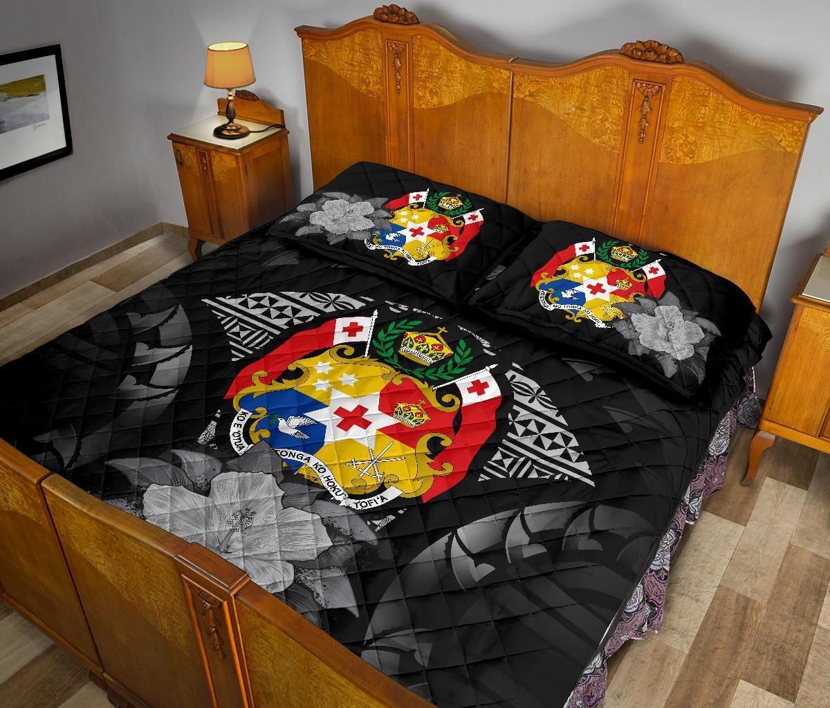 Tonga Polynesian Quilt Bed Set Hibiscus Gray