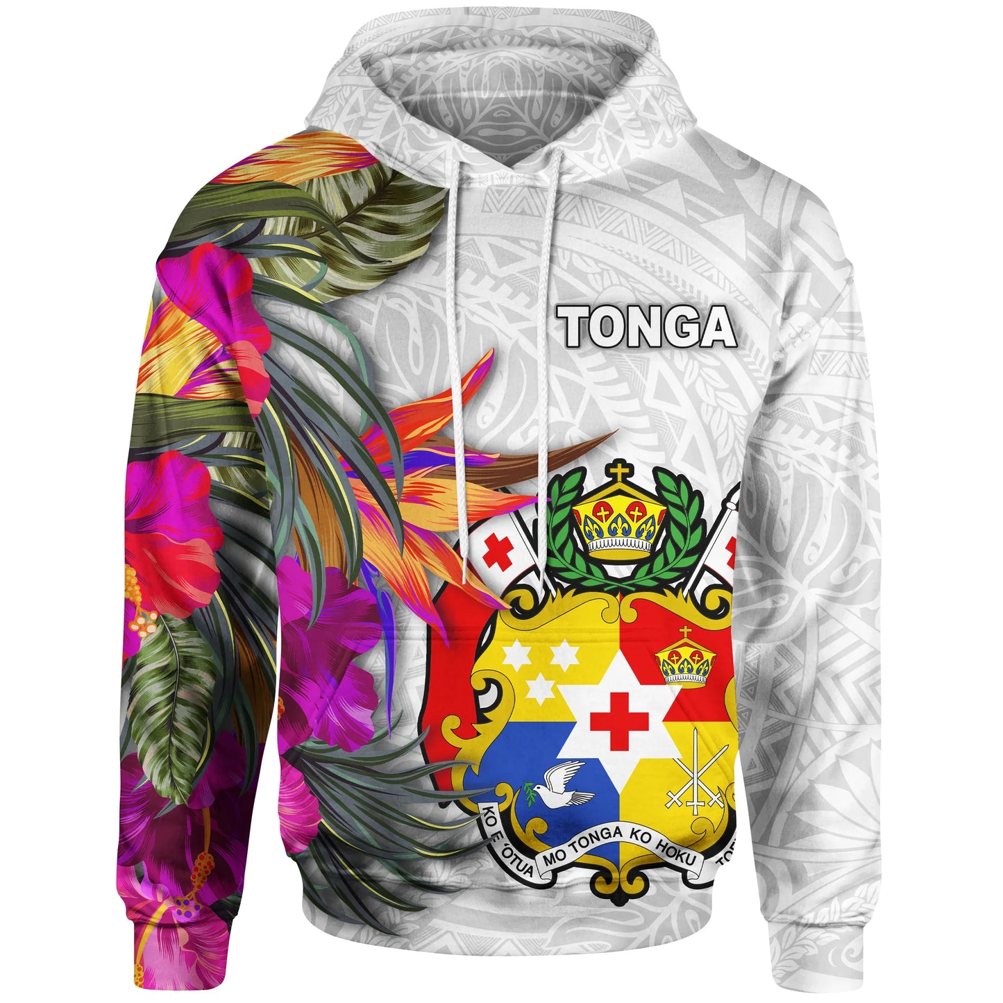 Tonga Hoodie Hibiscus Polynesian White pattern