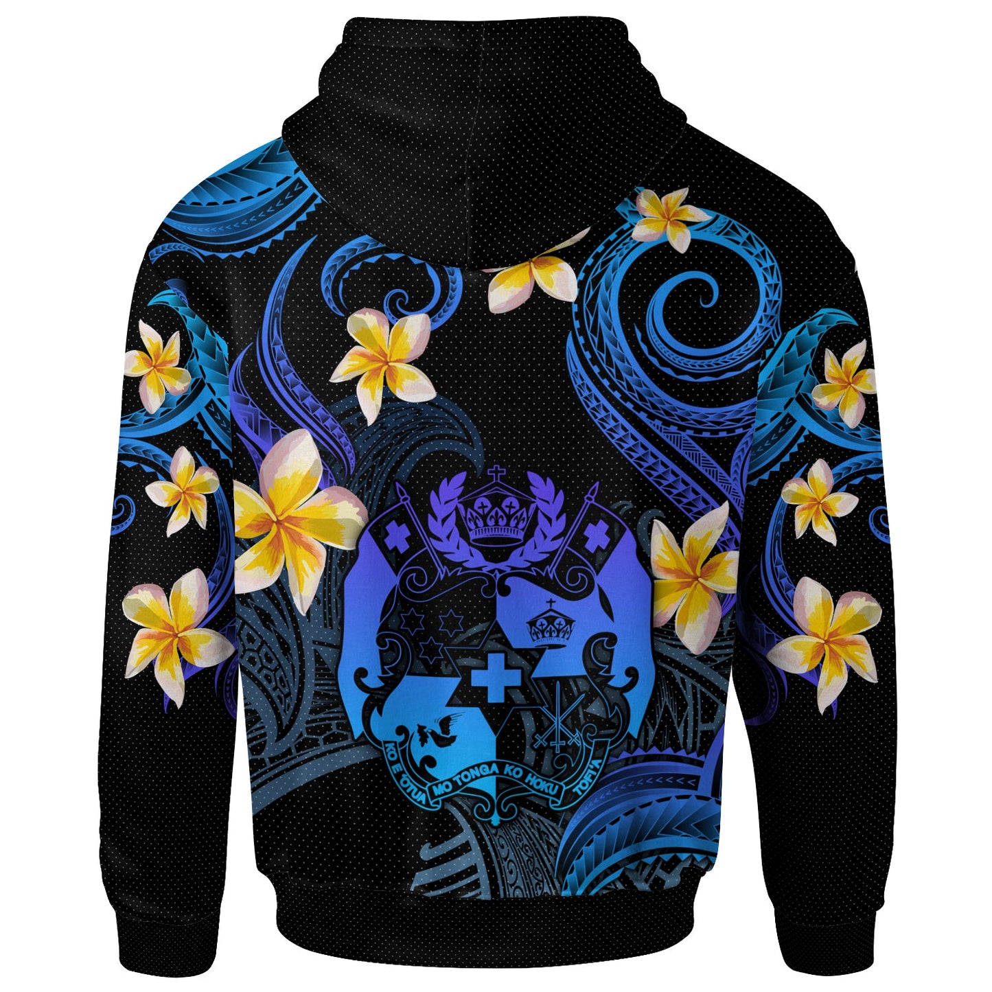 Tonga Hoodie - Custom Personalised Polynesian Waves with Plumeria Flowers (Blue)