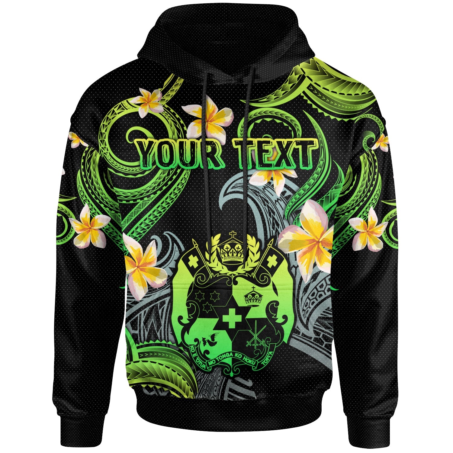 Tonga Hoodie - Custom Personalised Polynesian Waves with Plumeria Flowers (Green)