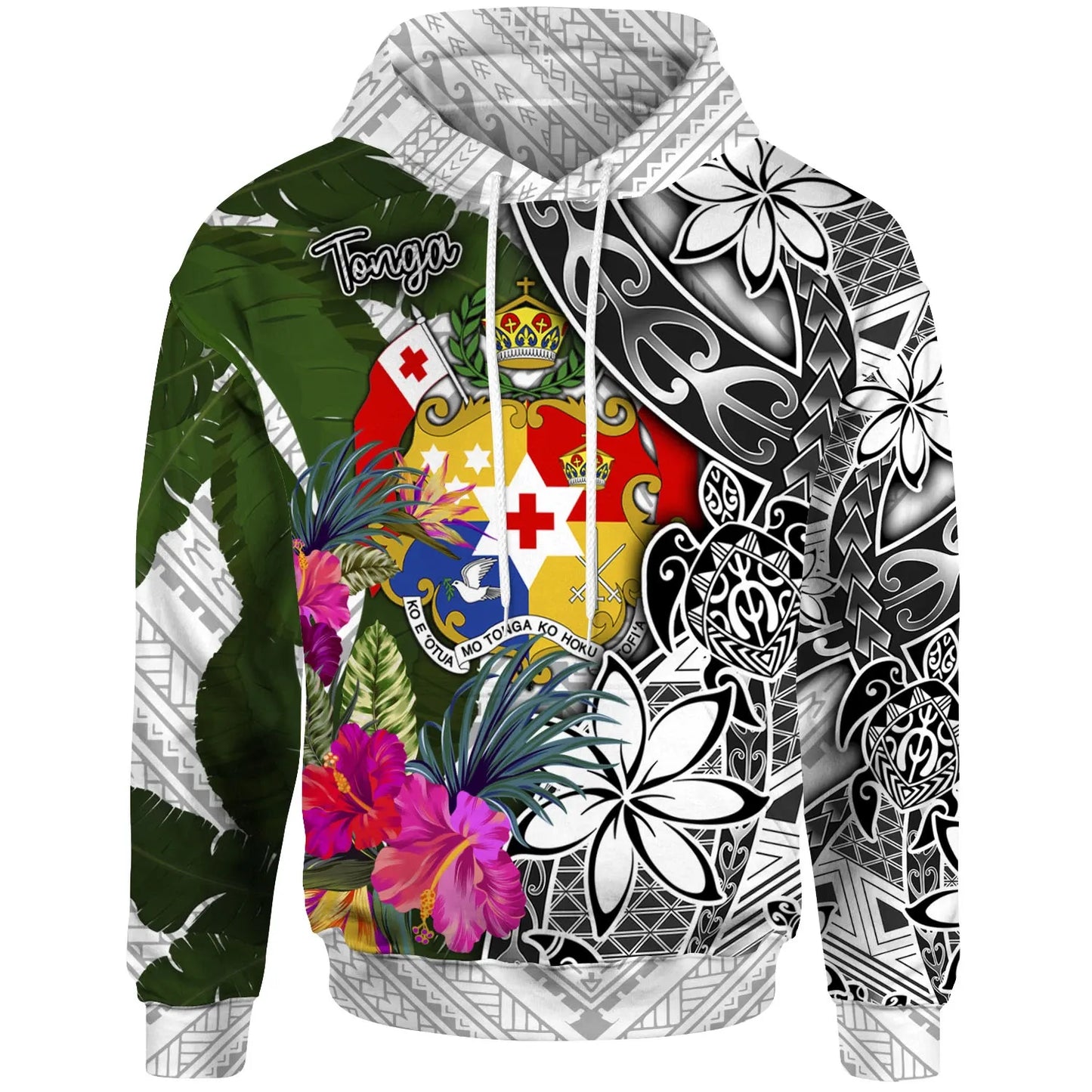 Tonga Hoodie White - Turtle Plumeria Banana Leaf