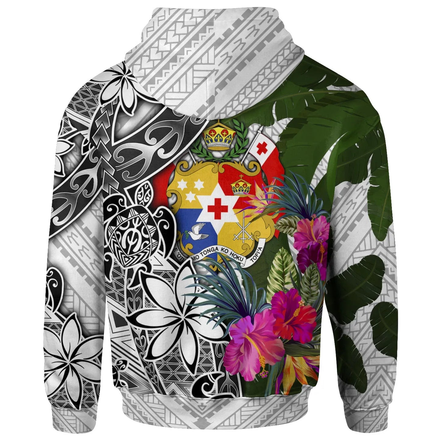 Tonga Hoodie White - Turtle Plumeria Banana Leaf