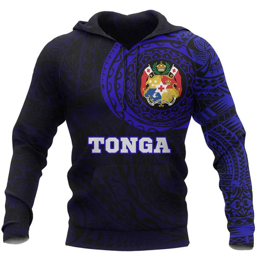 Tonga Hoodie -Tonga Coat Of Arms Polynesian Tattoo Style Blue