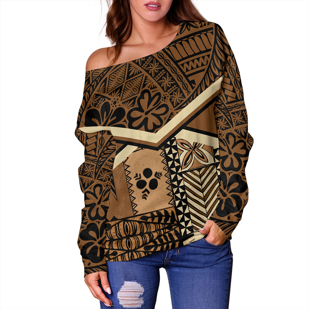 Tonga Off Shoulder Sweatshirt Ngatu Pattern Siapo