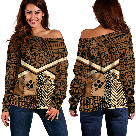 Tonga Off Shoulder Sweatshirt Ngatu Pattern Siapo