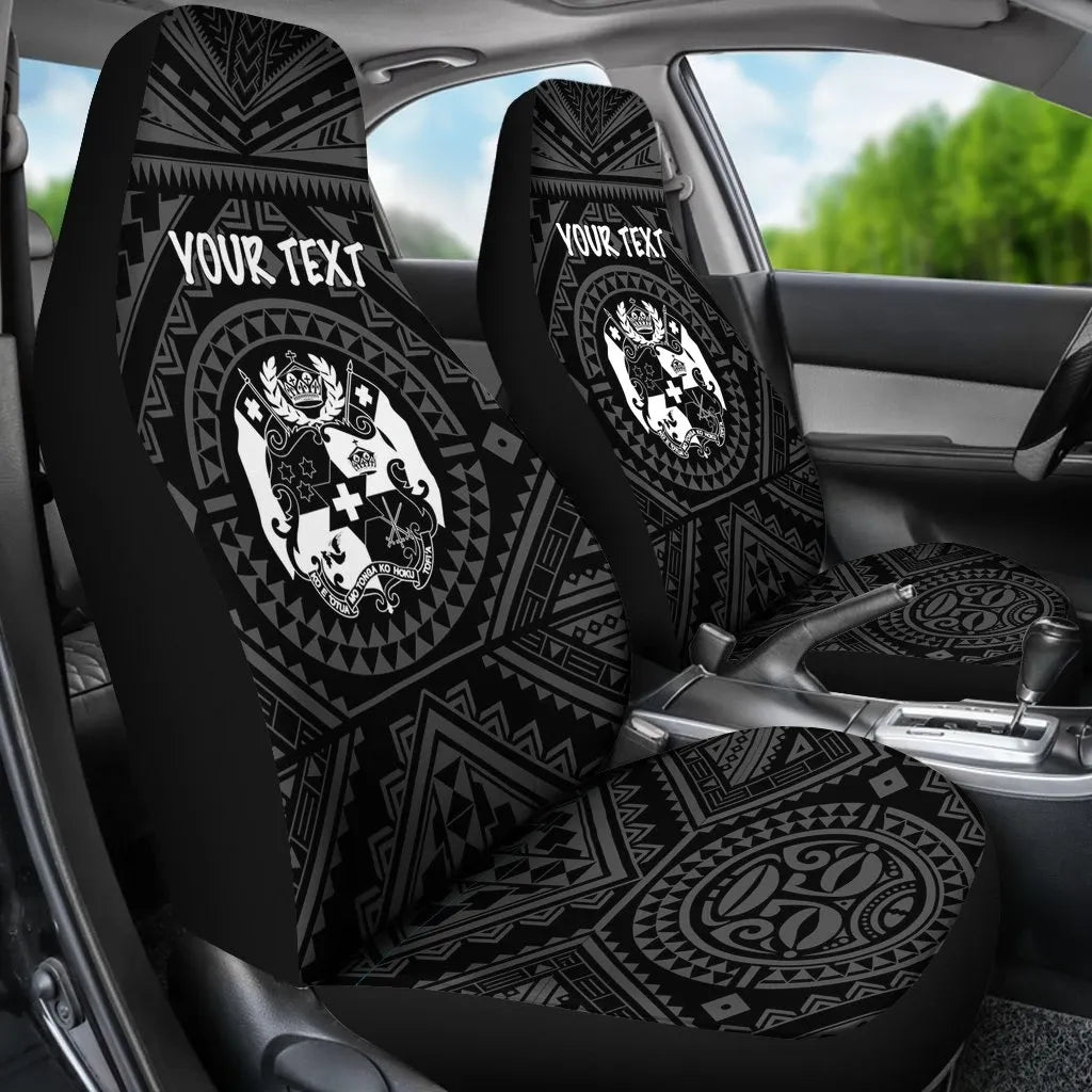 Tonga Personalised Car Seat Covers - Tonga Seal With Polynesian Tattoo Style (Black)