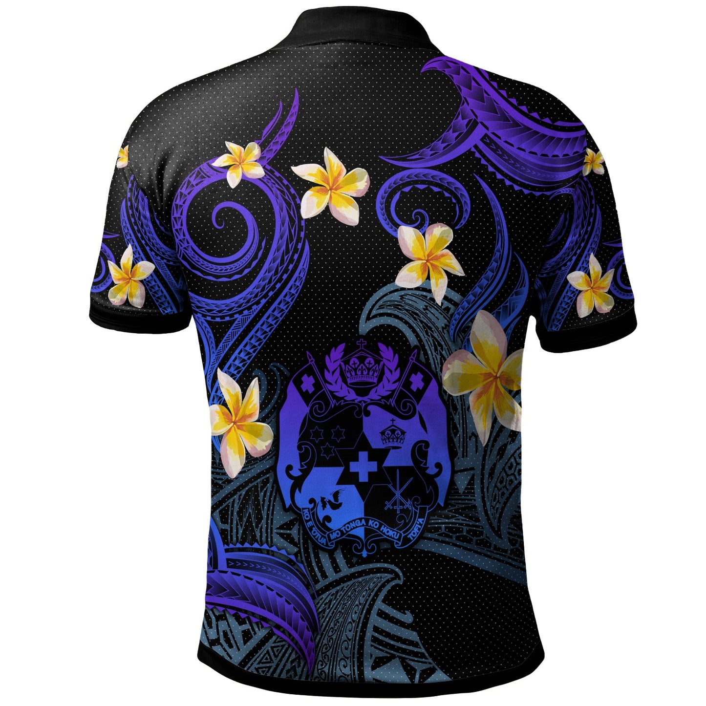 Tonga Polo Shirt - Custom Personalised Polynesian Waves with Plumeria Flowers (Blue)