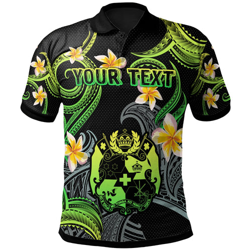 Tonga Polo Shirt - Custom Personalised Polynesian Waves with Plumeria Flowers (Green)