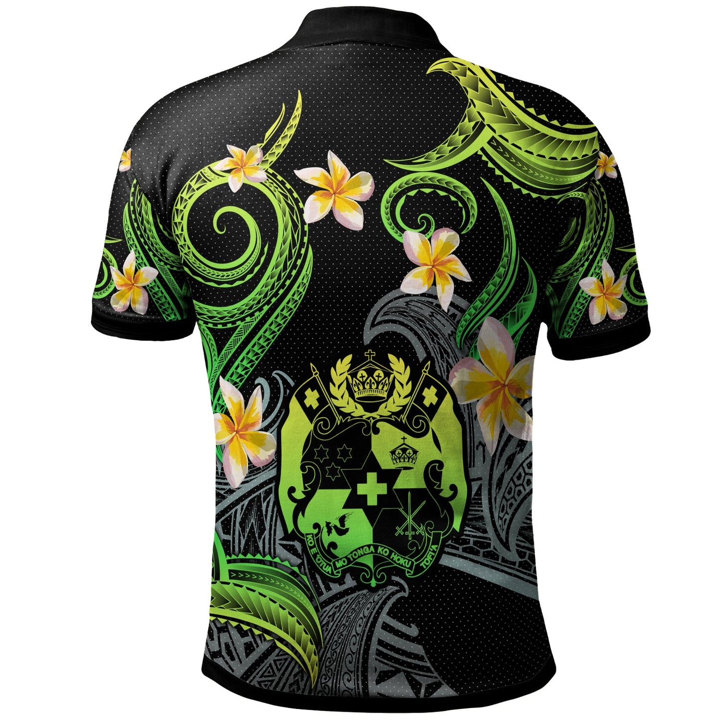 Tonga Polo Shirt - Custom Personalised Polynesian Waves with Plumeria Flowers (Green)
