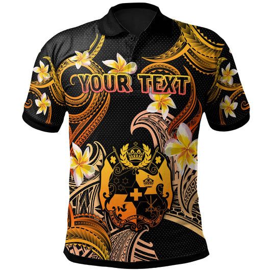 Tonga Polo Shirt - Custom Personalised Polynesian Waves with Plumeria Flowers (Orange)