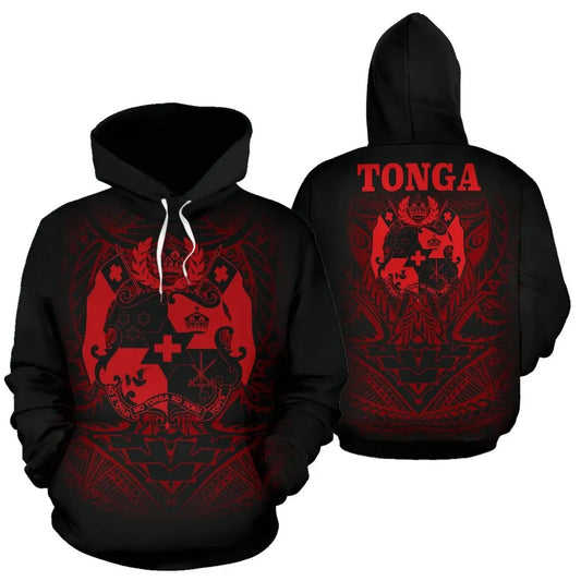 Tonga Polynesian ll Over Hoodie - Red Tribal Pattern