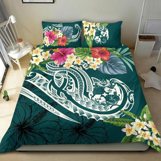 Tonga Polynesian Bedding Set - Summer Plumeria (Turquoise)