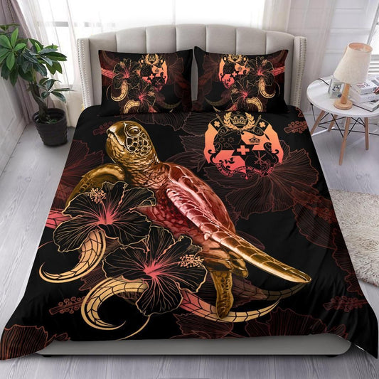 Tonga Polynesian Bedding Set - Turtle With Blooming Hibiscus Gold