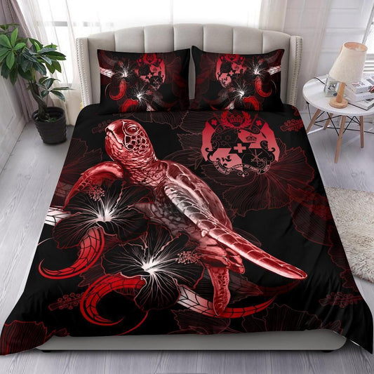 Tonga Polynesian Bedding Set - Turtle With Blooming Hibiscus Red