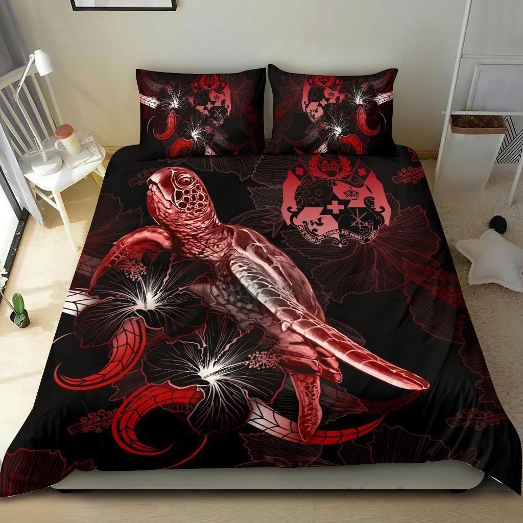 Tonga Polynesian Bedding Set - Turtle With Blooming Hibiscus Red