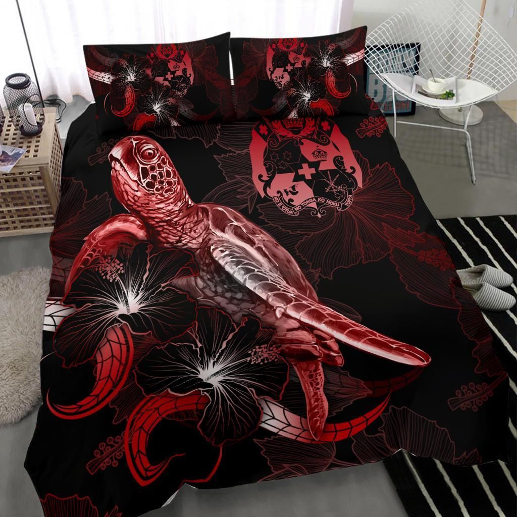 Tonga Polynesian Bedding Set - Turtle With Blooming Hibiscus Red